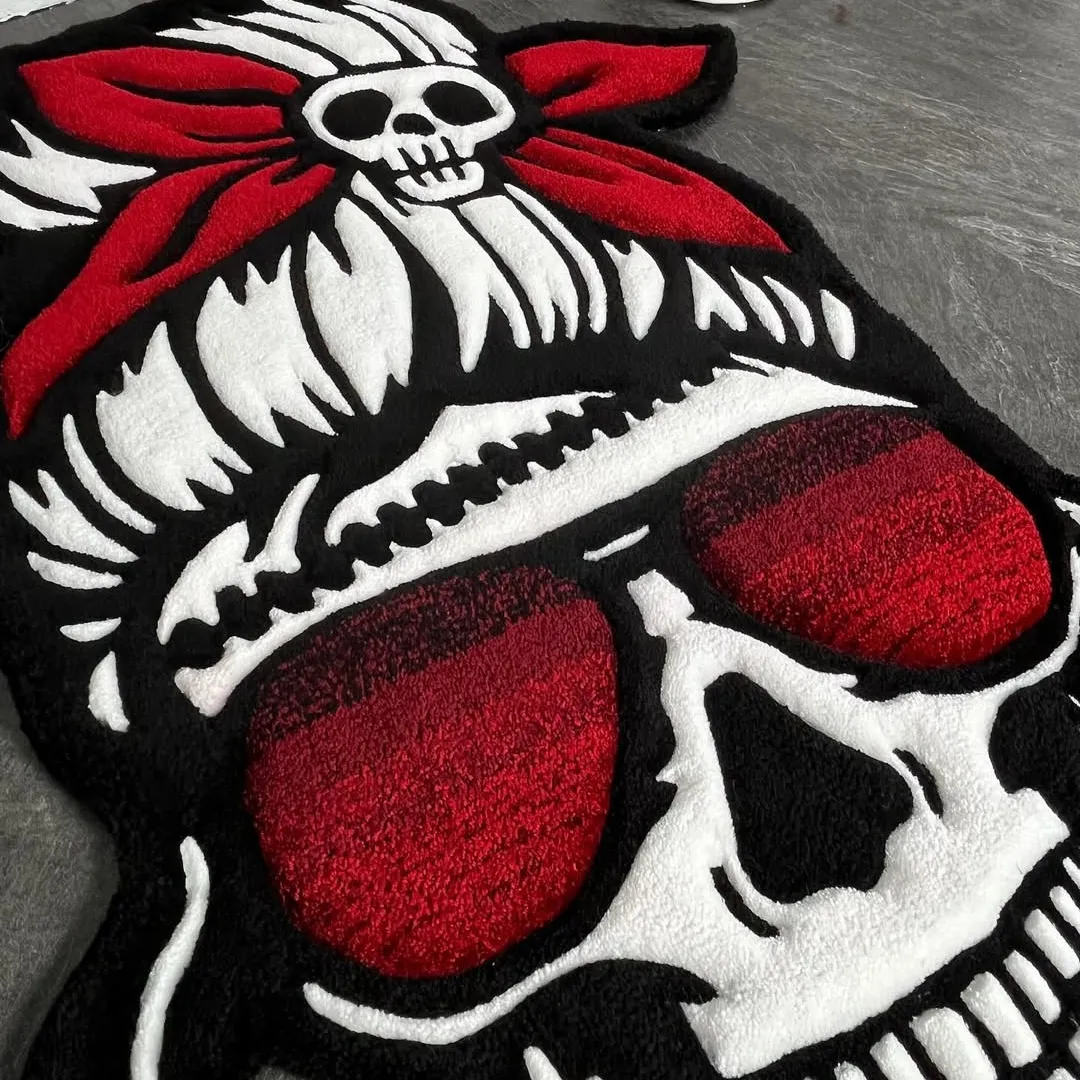 Red Riot Inked Rug Bold skull head tufted rug with red accents – Red Riot Rug by Sneagear