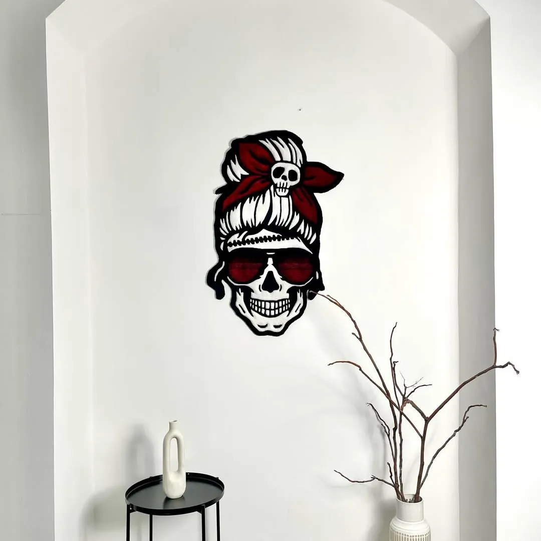 Red Riot Tattoo Rug Hand-tufted skull face rug with red scarf and shades for modern gothic interiors