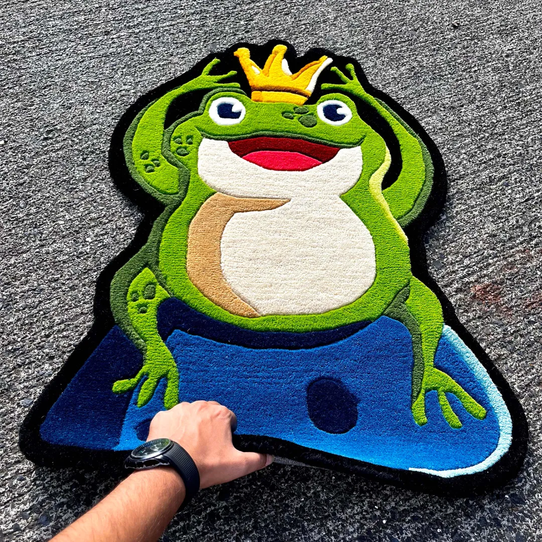 Royal Hopper Inked Rug Whimsical frog rug with a crown and bright colors – Royal Hopper hand-tufted wool rug for kids or playrooms