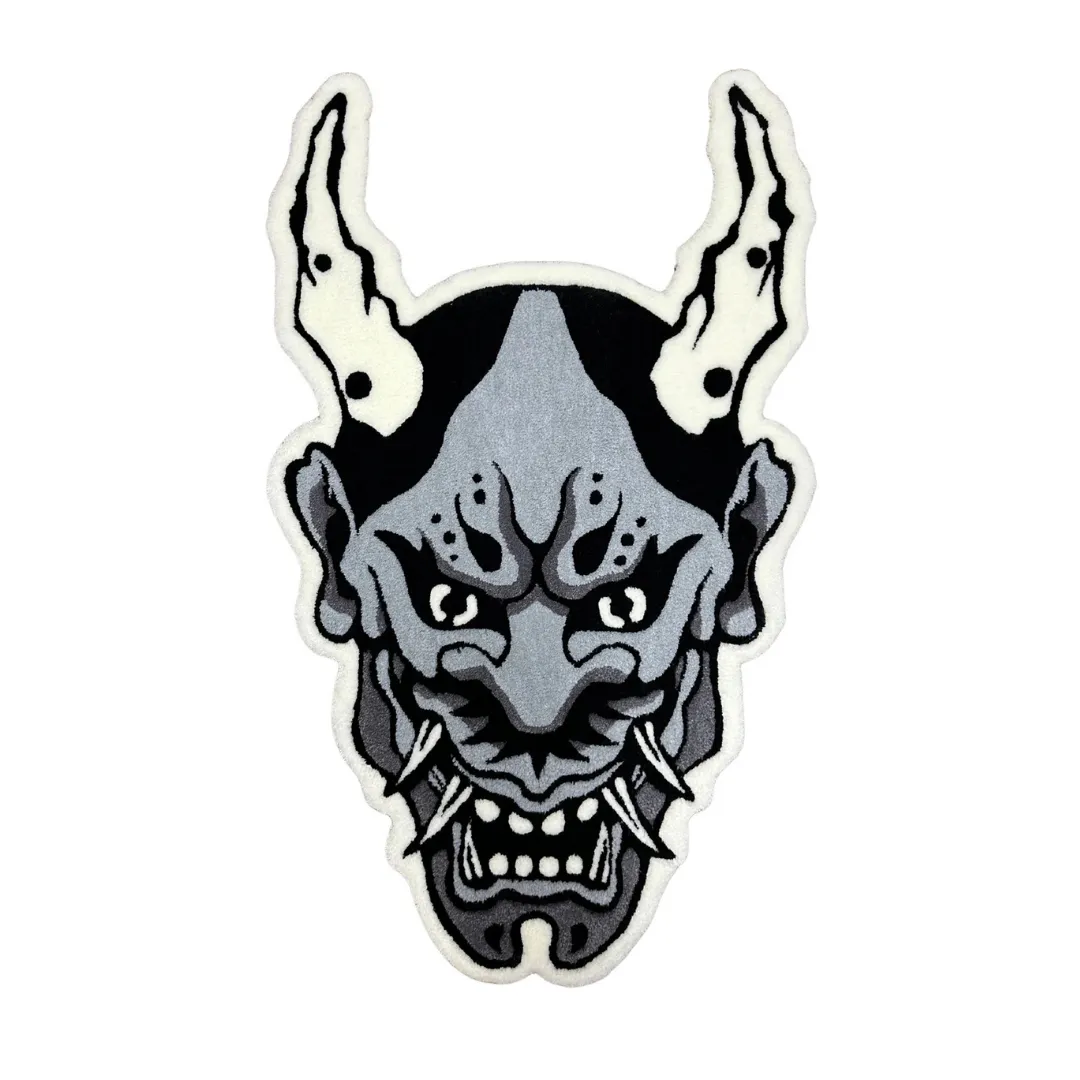 Shadow Fang Rug Shadow Fang Rug featuring dark gray demon face with sharp fangs and white horns – handmade tufted rug by Sneagear