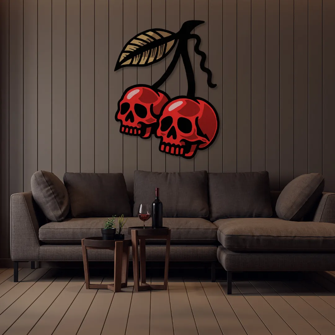 Sneagear Skull Cherries metal wall art adding dark pop-art energy to modern home decor settings.