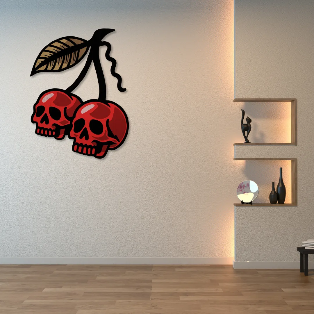 Unique cherry skull wall décor with metallic finish – artistic gothic-inspired wall art for contemporary interiors.