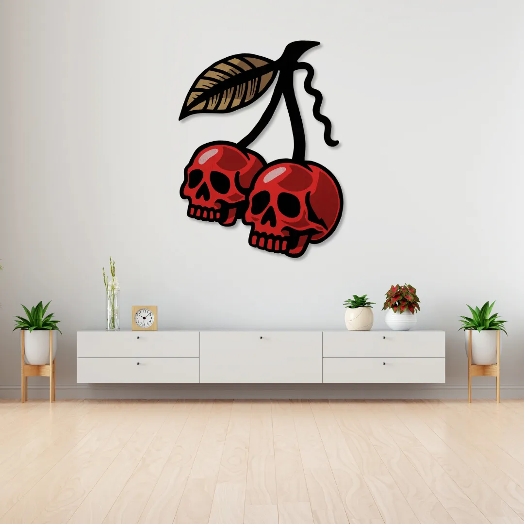 Red cherry skull metal wall art for modern living rooms – bold handmade statement piece by Sneagear.