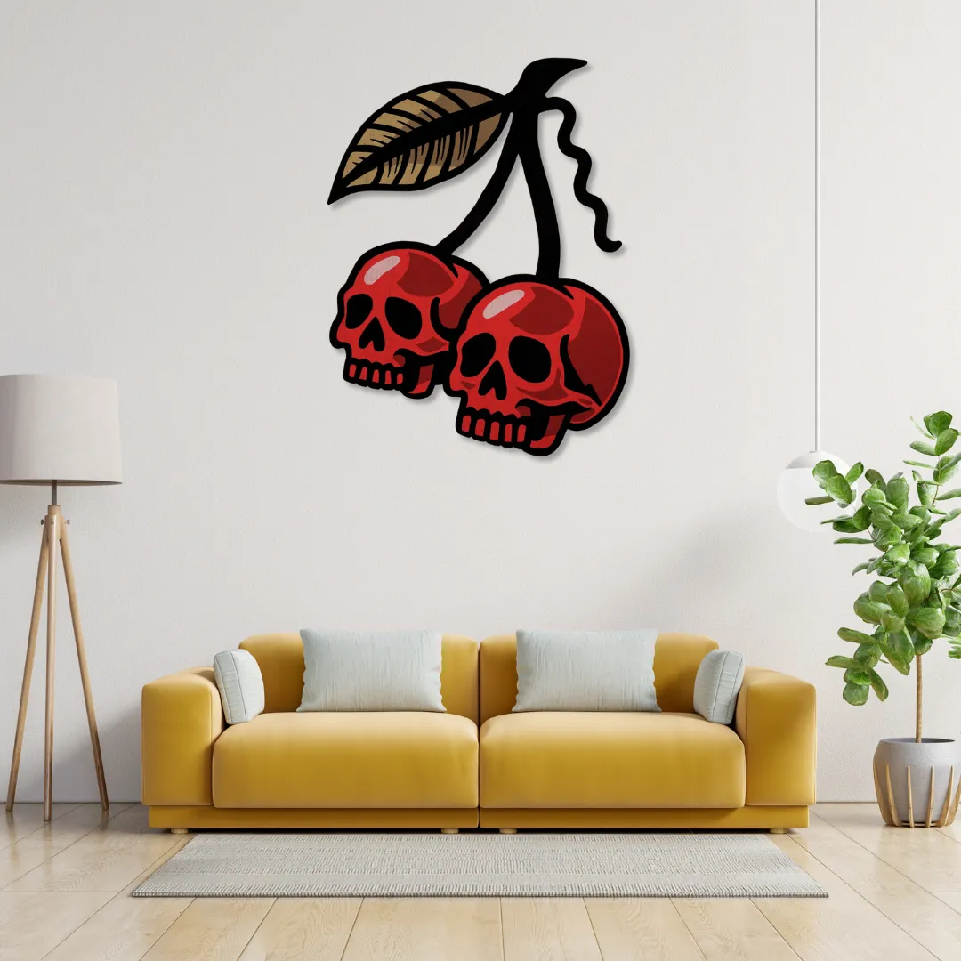 Skull Cherries Wall Art displayed above yellow sofa – edgy handcrafted metal wall decor by Sneagear.