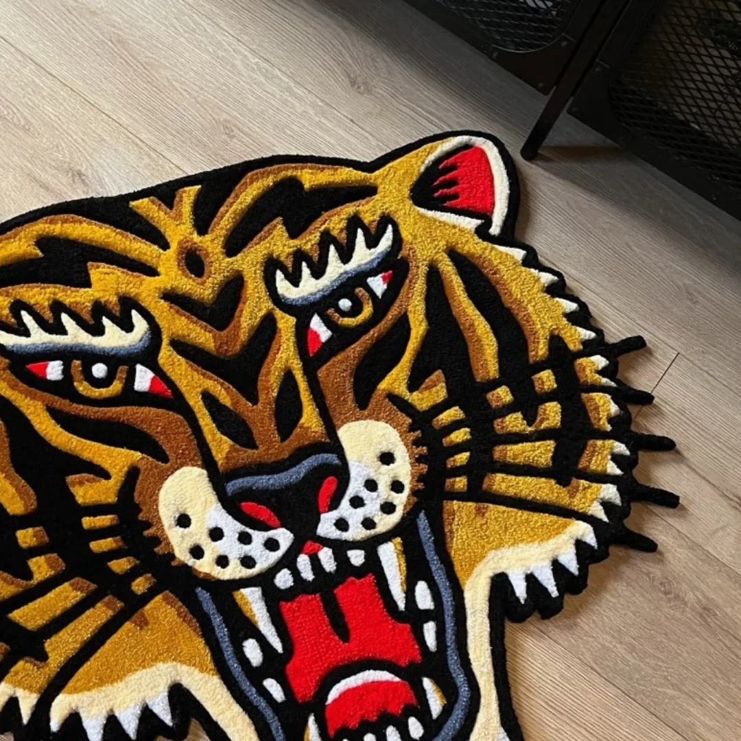 Spirit Roar Rug with Japanese-style tiger head artwork – perfect for bold interior decor