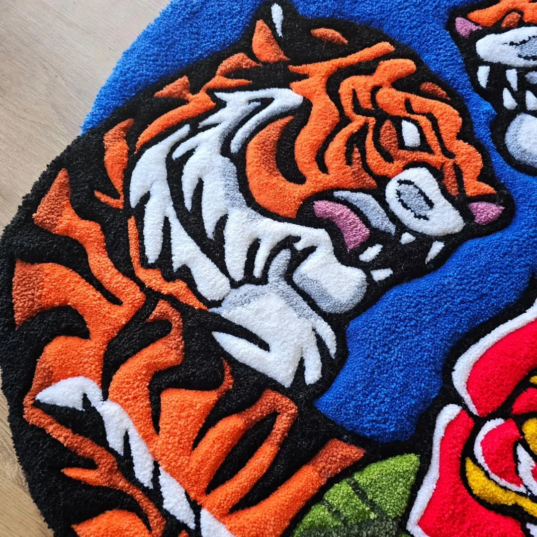 Vibrant Twin Fury Rug with twin tiger heads and floral motif on blue background – handmade wool rug