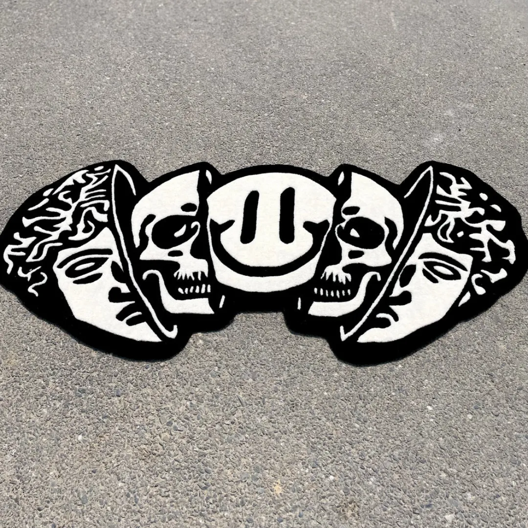 Twin Reaper Rug featuring black and white skull and smiley face design – handmade tufted rug by Sneagear
