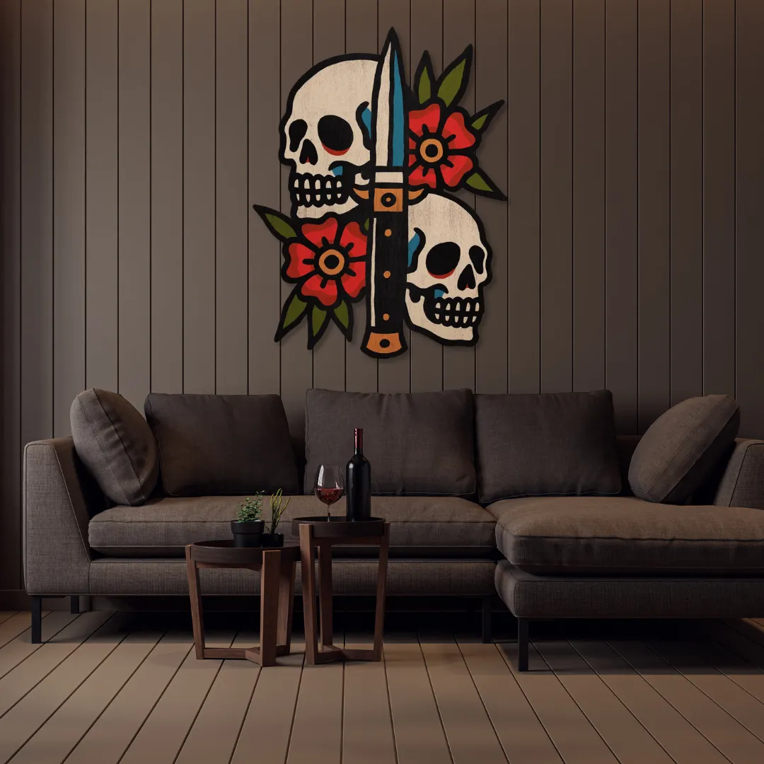 Sneagear Twin Skulls Sword metal wall art – striking skull artwork for statement home and studio walls.