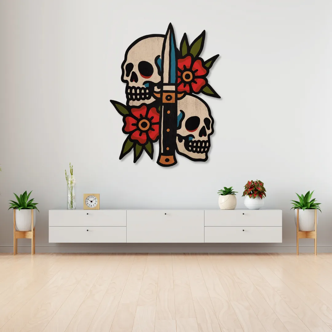 Dual skulls and knife metal wall art design adding dark artistic flair to minimalist living room décor.