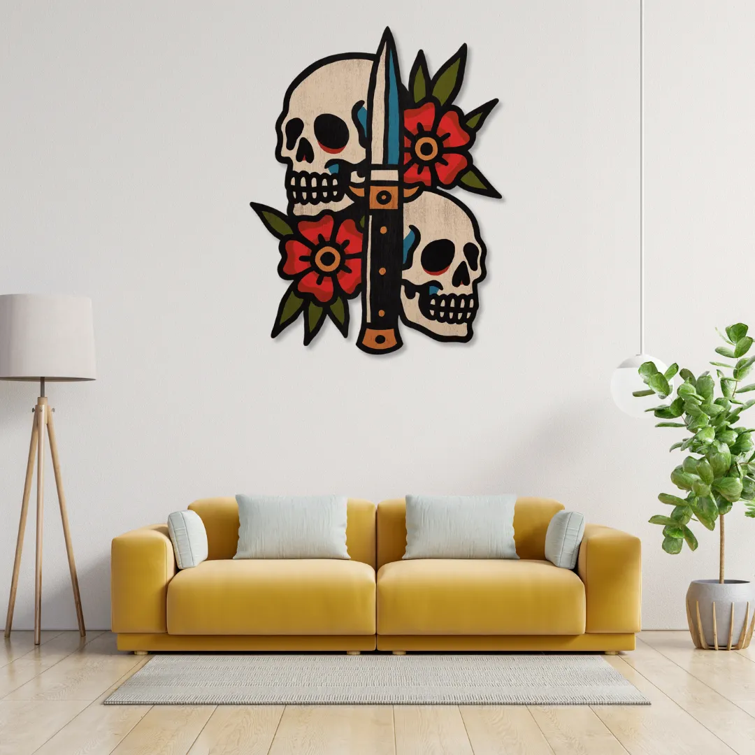 Decorative skull and dagger wall art with red flowers – gothic-inspired handmade metal decor by Sneagear.