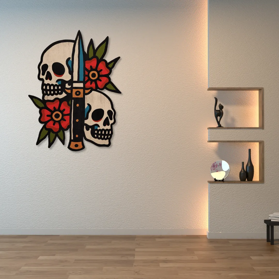 Twin Skulls Sword Wall Art above mustard sofa – bold handcrafted metal artwork by Sneagear for modern interiors.