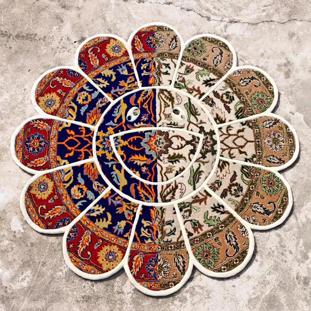 Verdant Whirl Rug Verdant Whirl Rug – Hand-tufted wool rug blending Persian motifs in rich navy, crimson, beige, and olive tones with a modern floral shape.