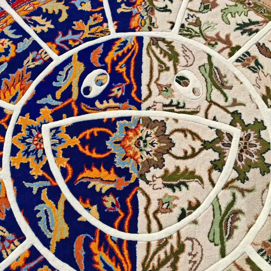 Verdant Whirl Takashi Rug Half beige, half navy Verdant Whirl Rug crafted from premium wool, showcasing a fusion of classic Persian and contemporary flower-inspired design.