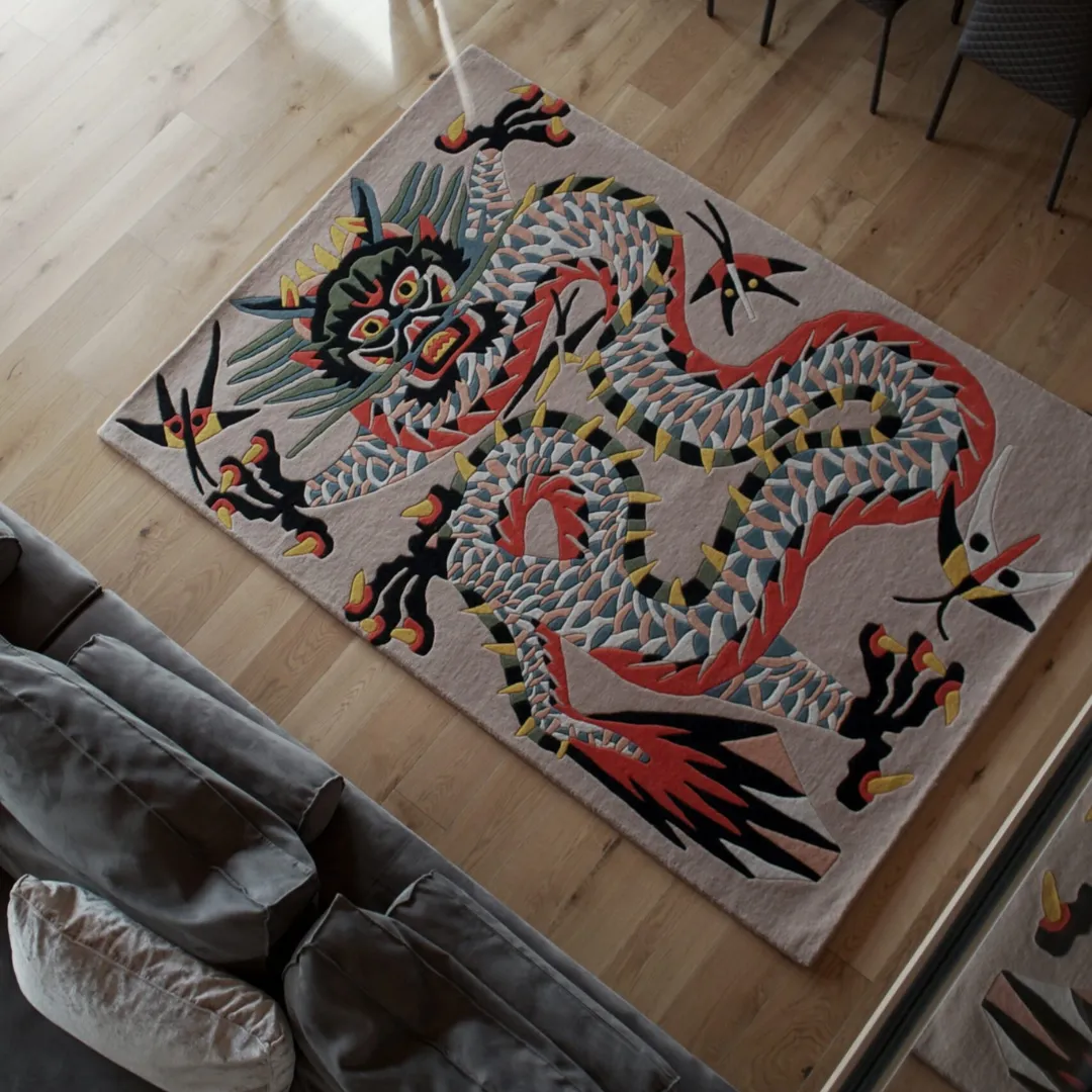 Hand-Tufted Dragon Art Rug – Striking Red and Blue Design for Living Room and Home Décor