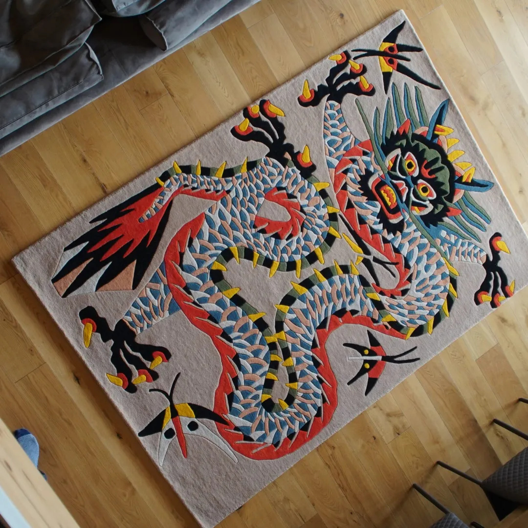Volkara Dragon Hand-Tufted Wool Rug with Bold Mythical Design and Fiery Red Detailing