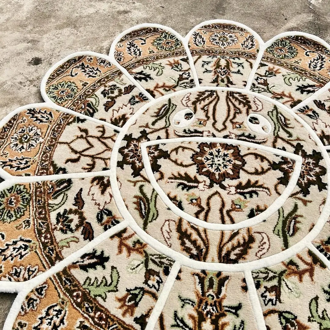 Whisper Rug Handmade Whisper Bloom Rug featuring delicate cream petals outlined in warm tan, ideal for living rooms and art-inspired spaces.