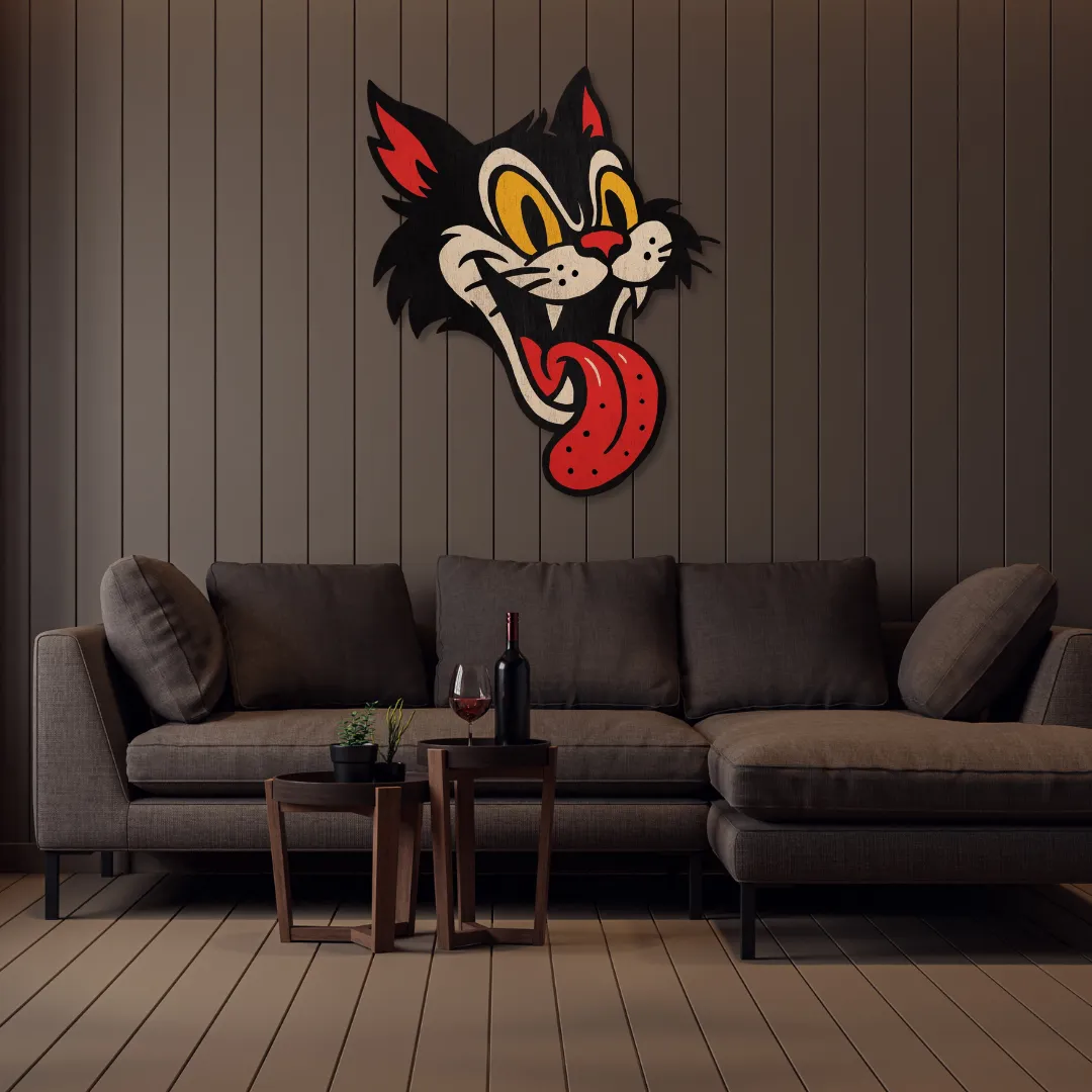Cartoon-inspired wild cat metal wall décor adding artistic character to minimalist living room design.