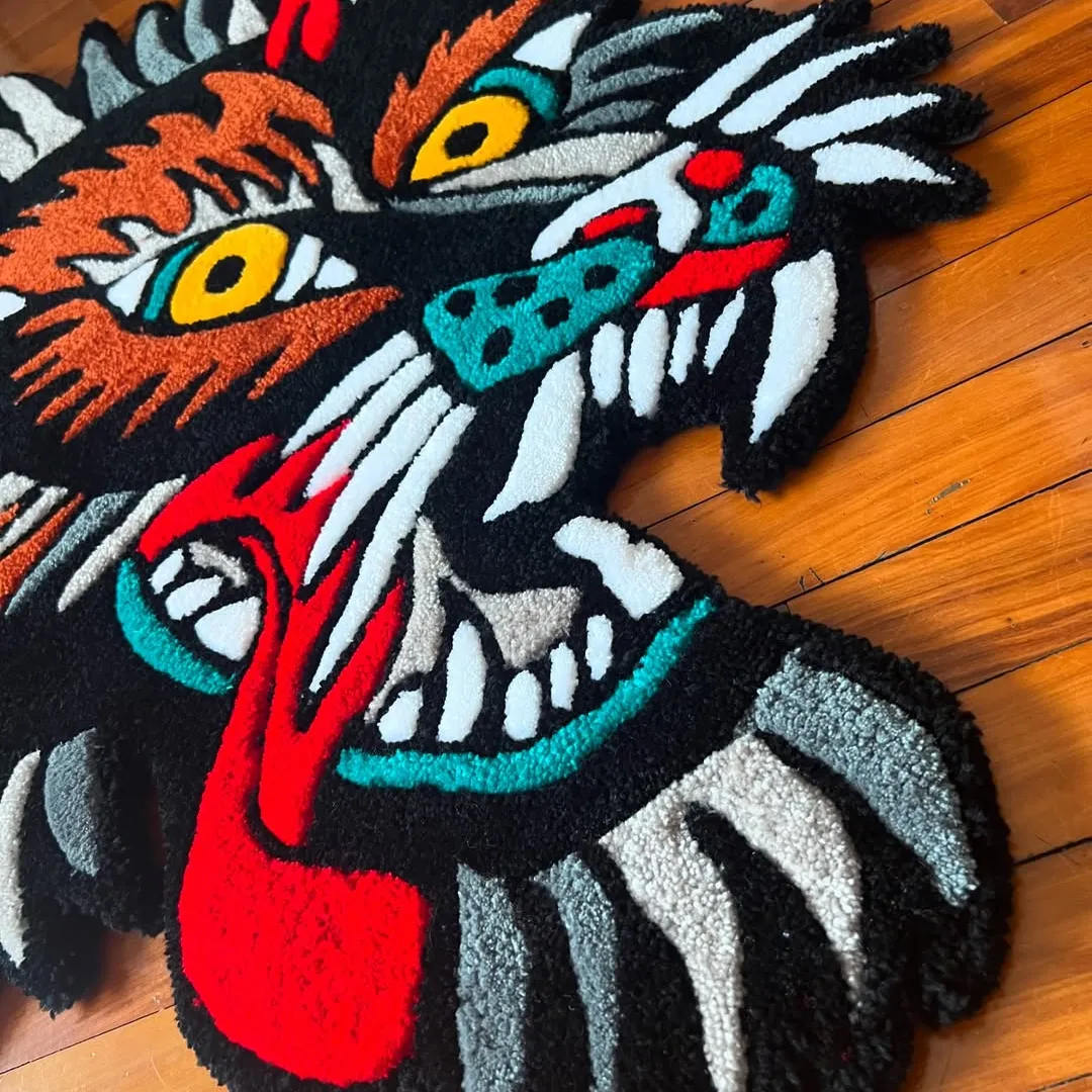 Artistic wolf head rug design with sharp teeth and fiery expression – Wild Howl handmade tufted rug