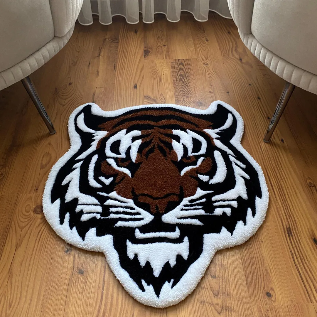 Wild Tattoo Rug Wild Ember tiger face rug – handmade wool tufted accent rug for home styling