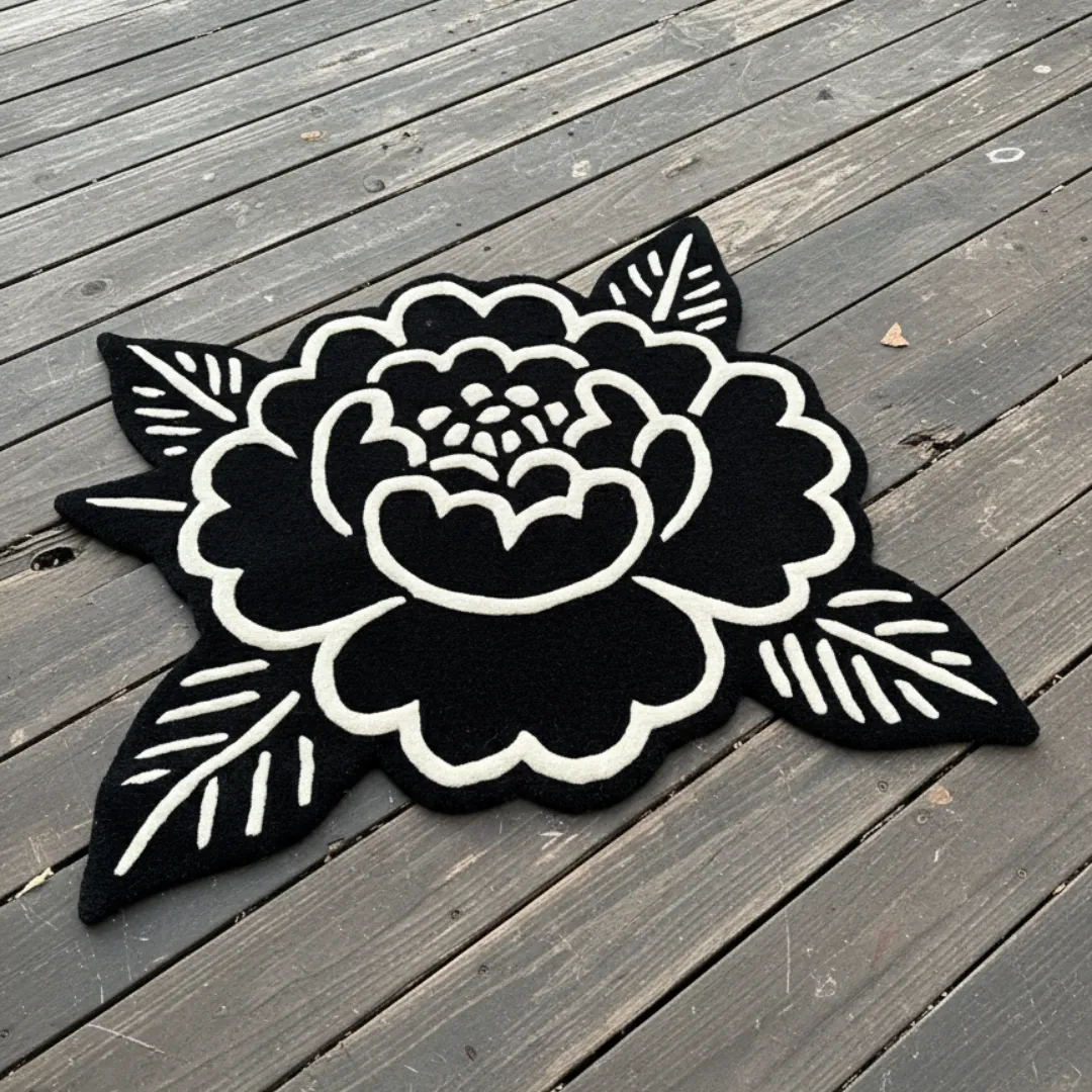Midnight Bloom Rug featuring bold black and white flower design – hand-tufted inked rug by Sneagear