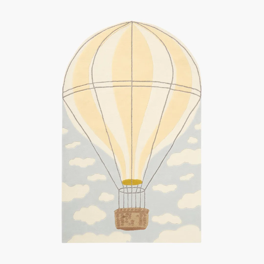 Cloud Dancer Rug featuring a hot air balloon design with soft pastel clouds – hand-tufted wool rug by Sneagear