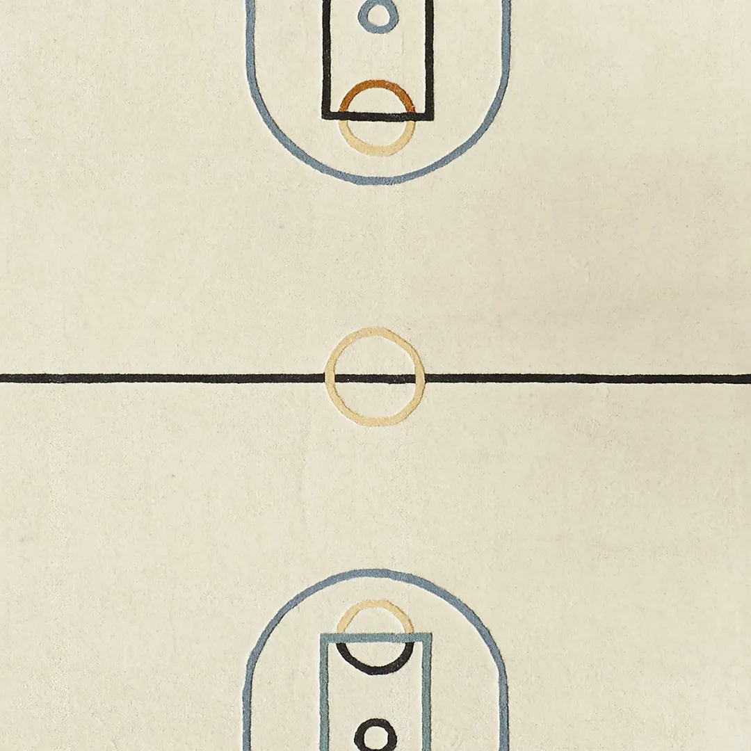 Basketball court inspired rug in cream with outlined markings – Court Play wool rug