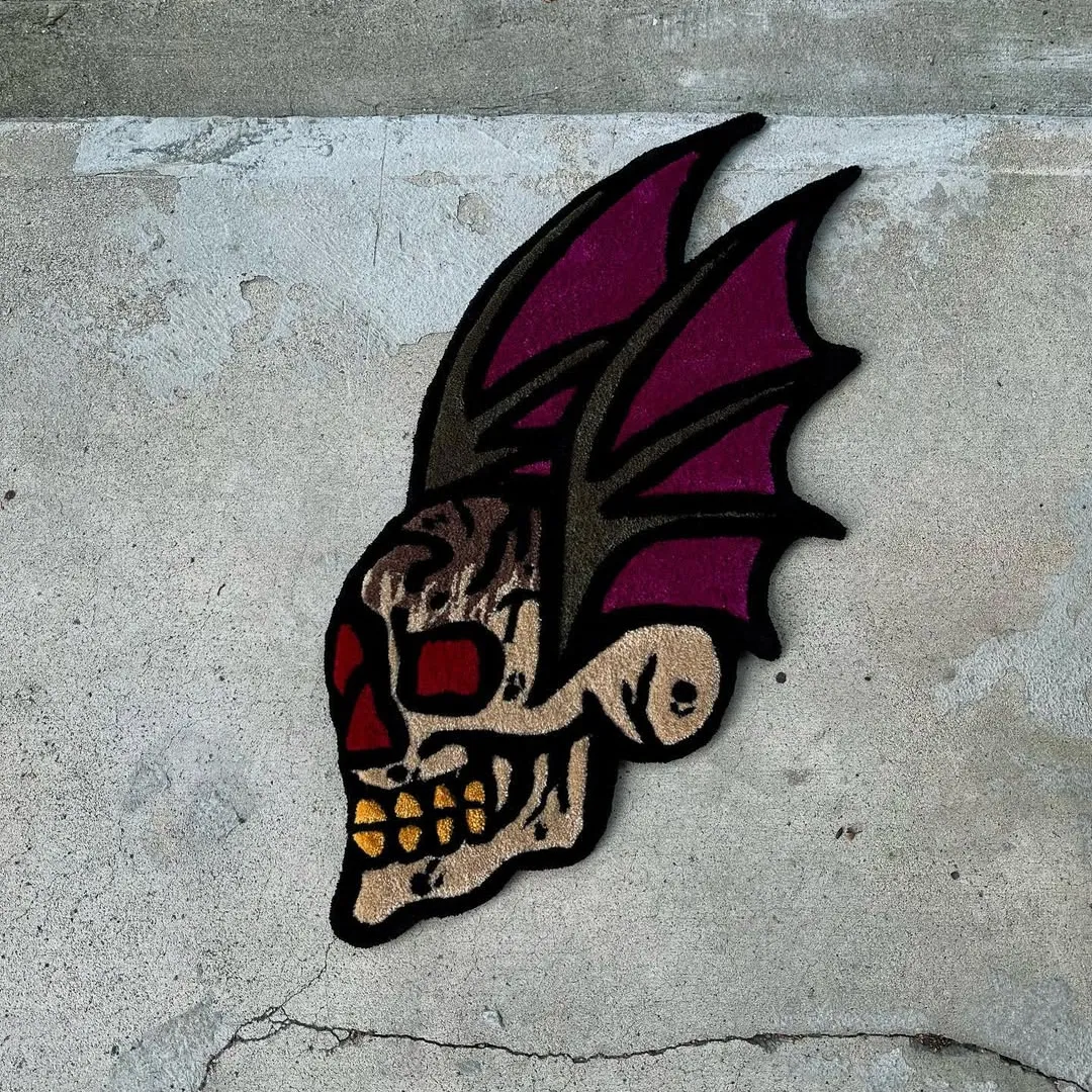 Crimson Mirage Rug featuring skull with bat wings – gothic tattoo-inspired rug by Sneagear