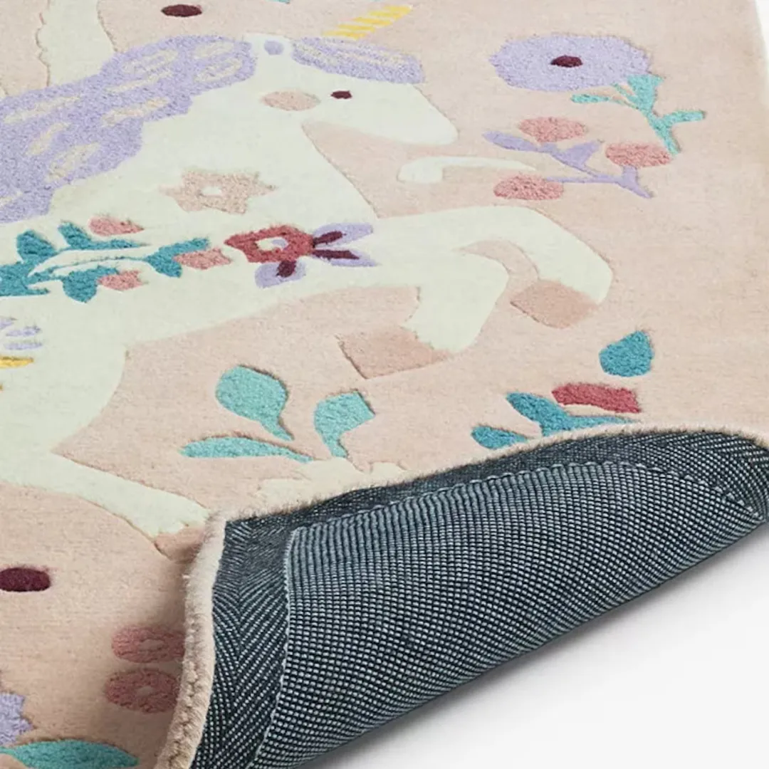 Whimsical unicorn and floral design rug – Dreamy Unicorn handmade wool area rug