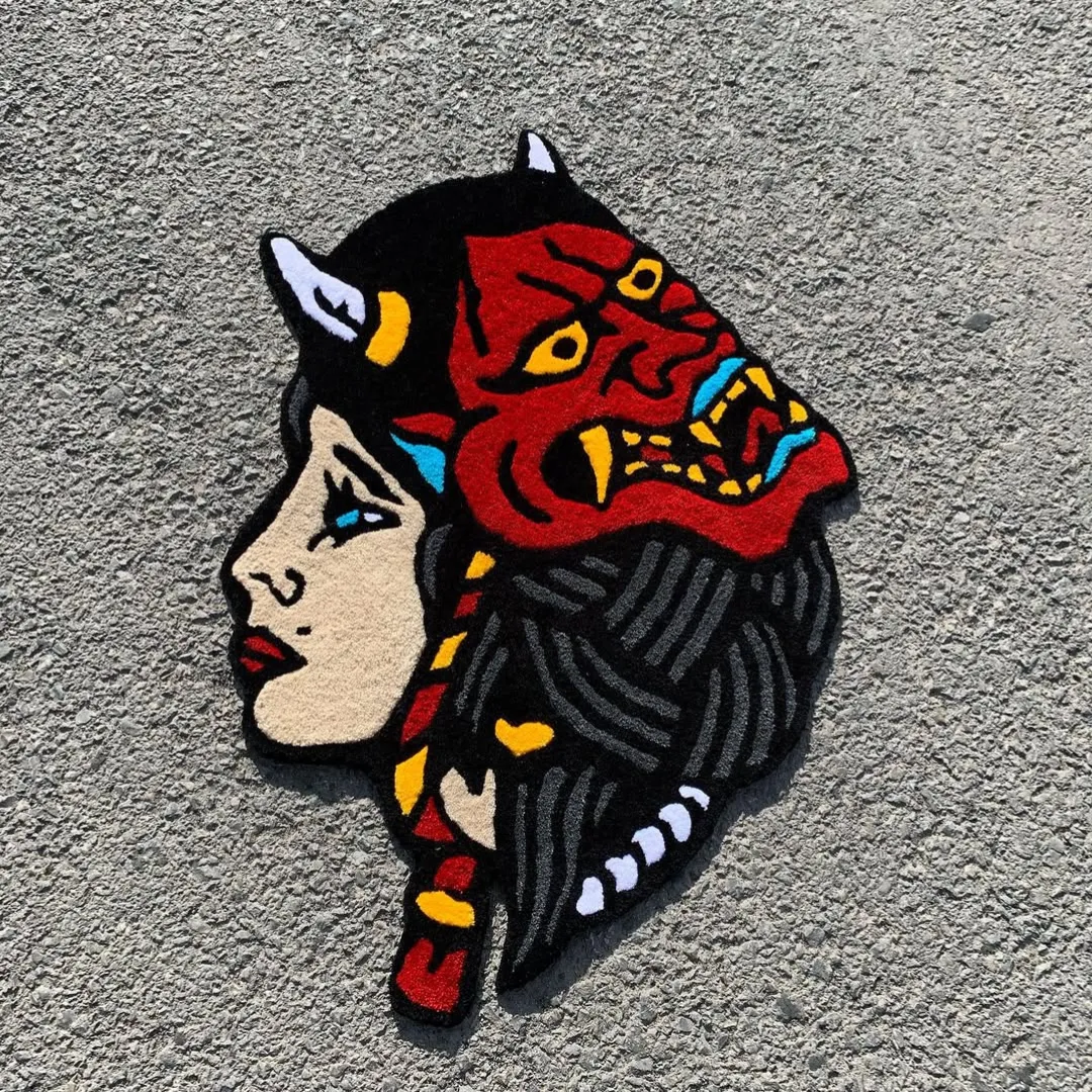 Tattoo art rug showing woman with red demon mask – Dual Spirit Hand-Tufted Rug