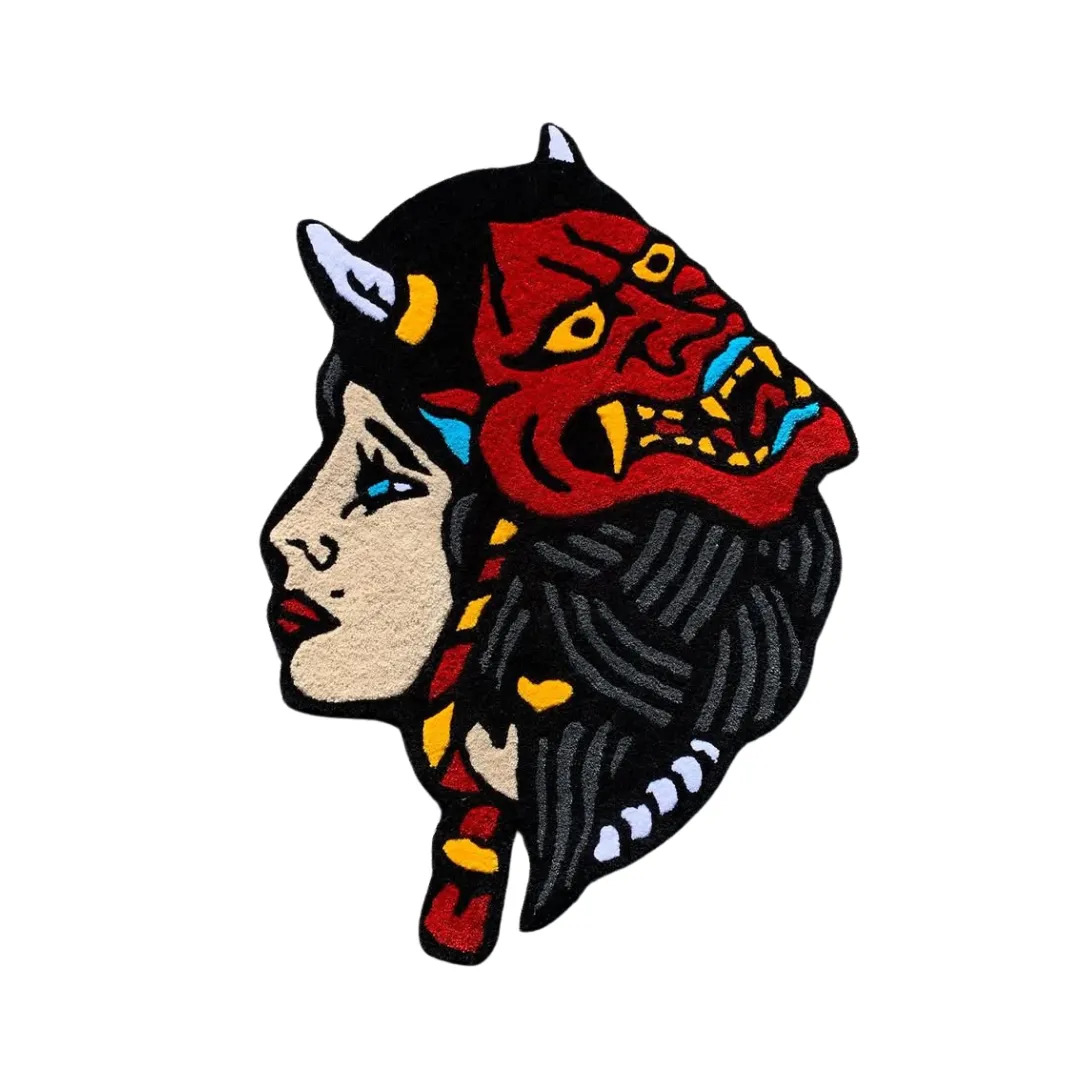 Dual Spirit Rug featuring tattoo-inspired woman and demon mask design – hand-tufted wool rug by Sneagear