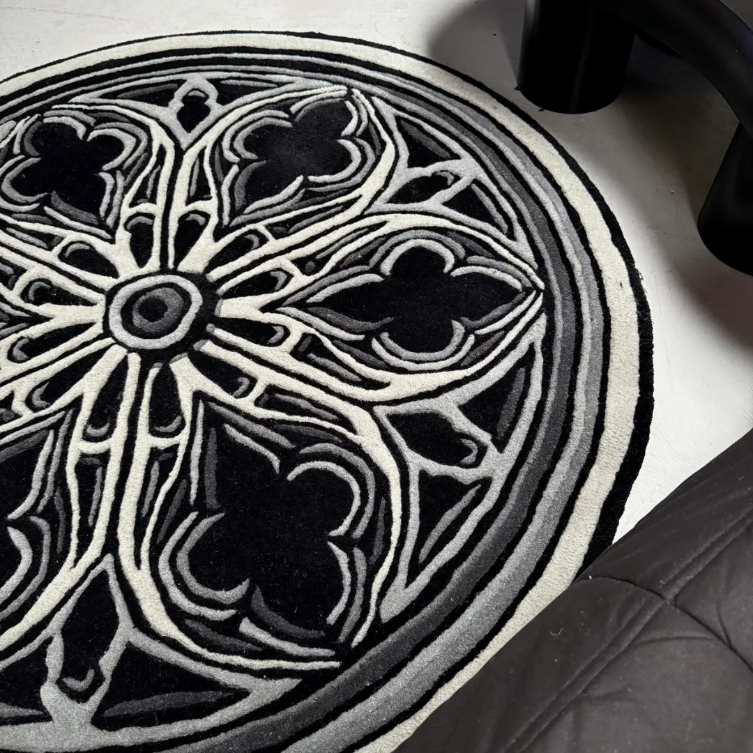 Round gothic rug with intricate mandala-inspired design in monochrome tones – Eclipse Halo Rug