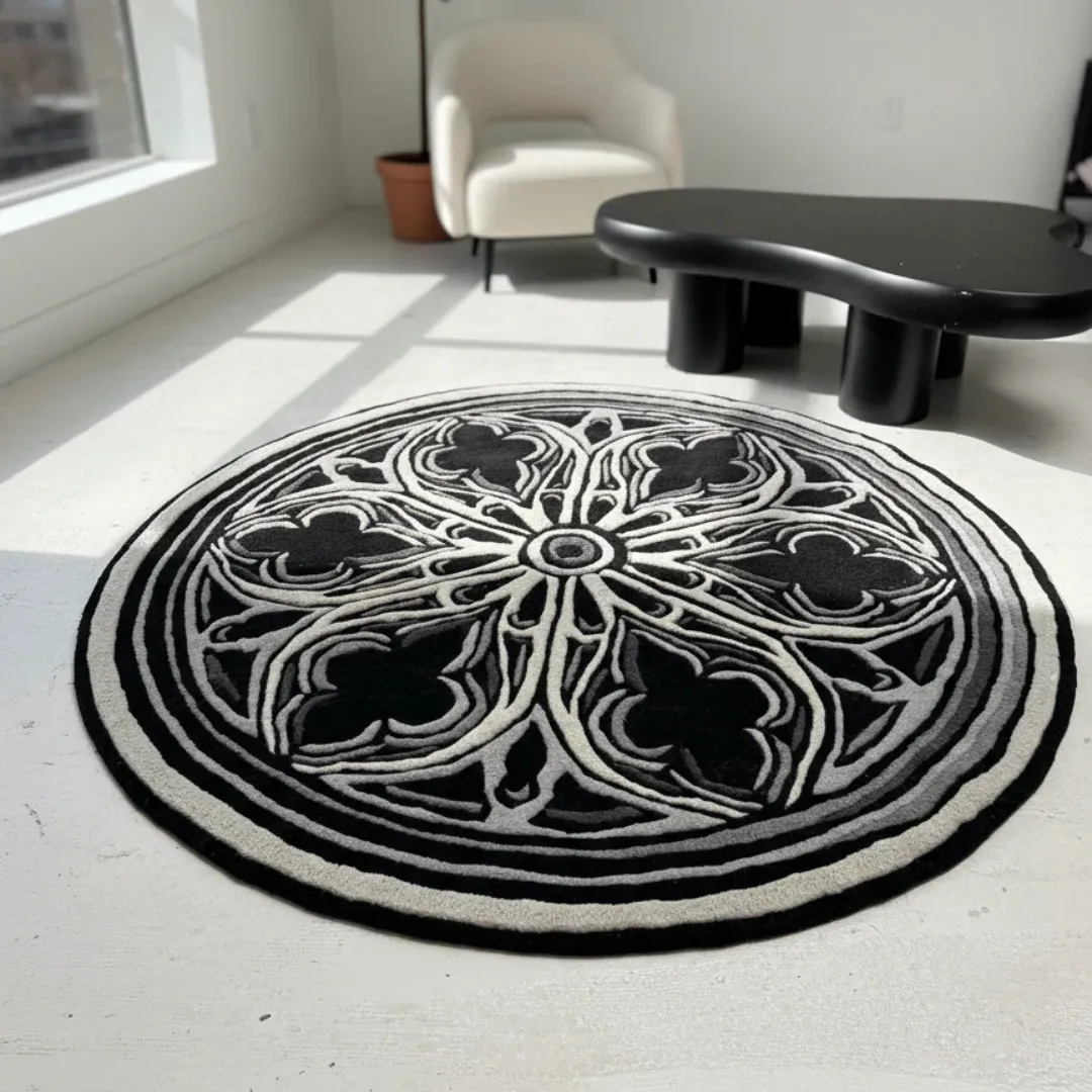 Handmade wool rug with black and white halo pattern – Eclipse Halo Round Rug