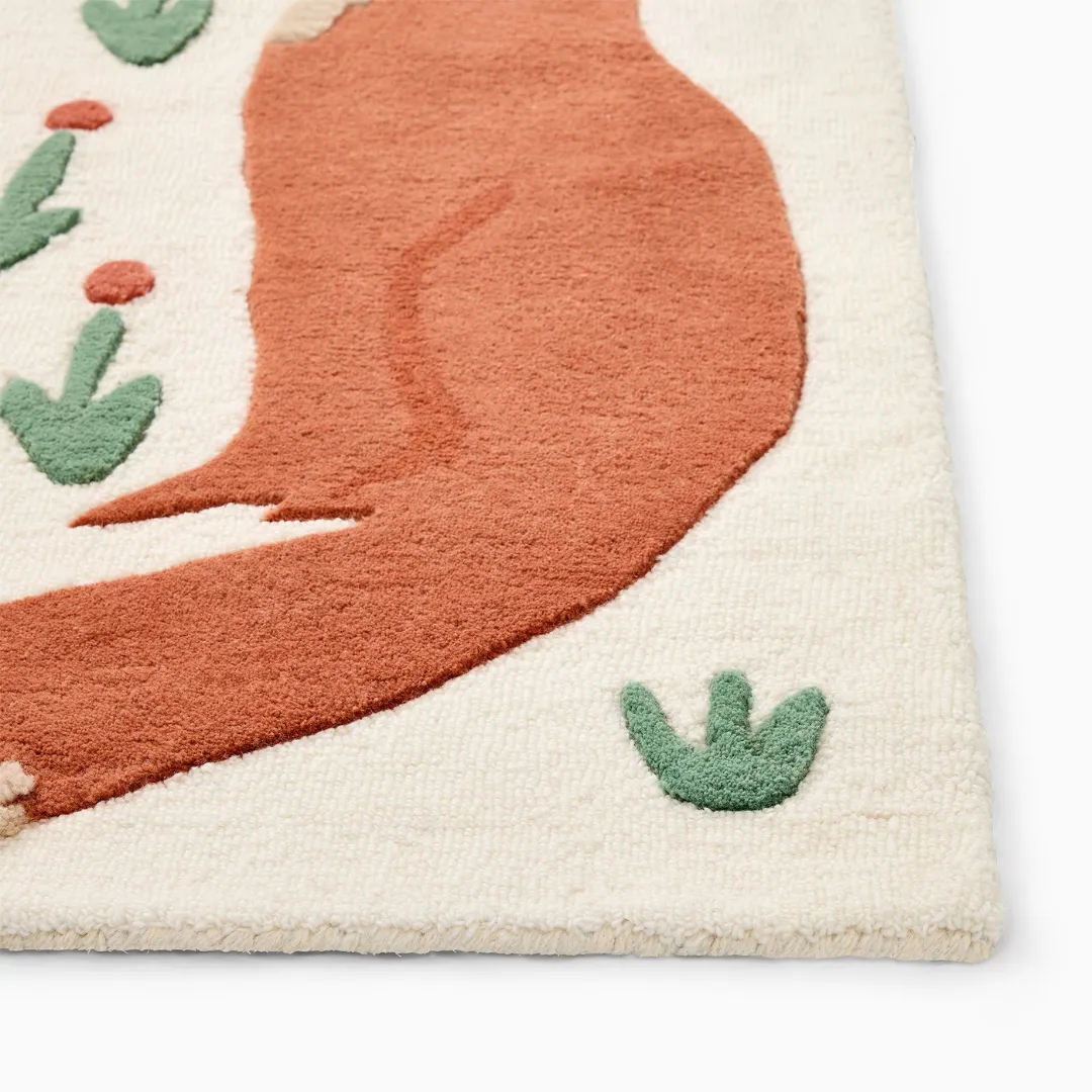 Nature-themed rug with a tree, fox, and bunny pattern – Forest Tale handmade wool rug