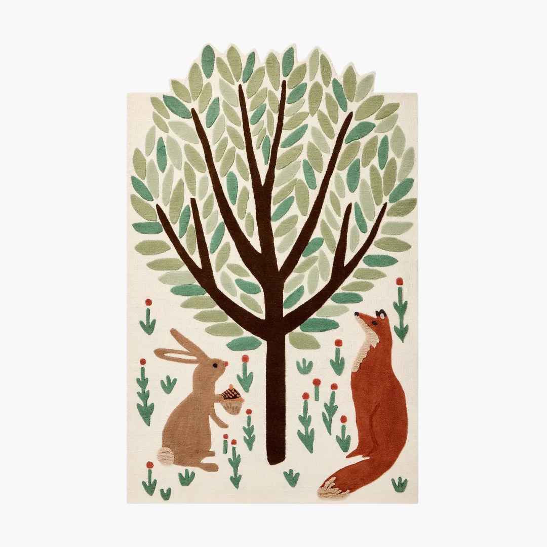 Forest Tale Area Rug featuring a hand-tufted tree design with fox and rabbit – whimsical wool rug by Sneagear