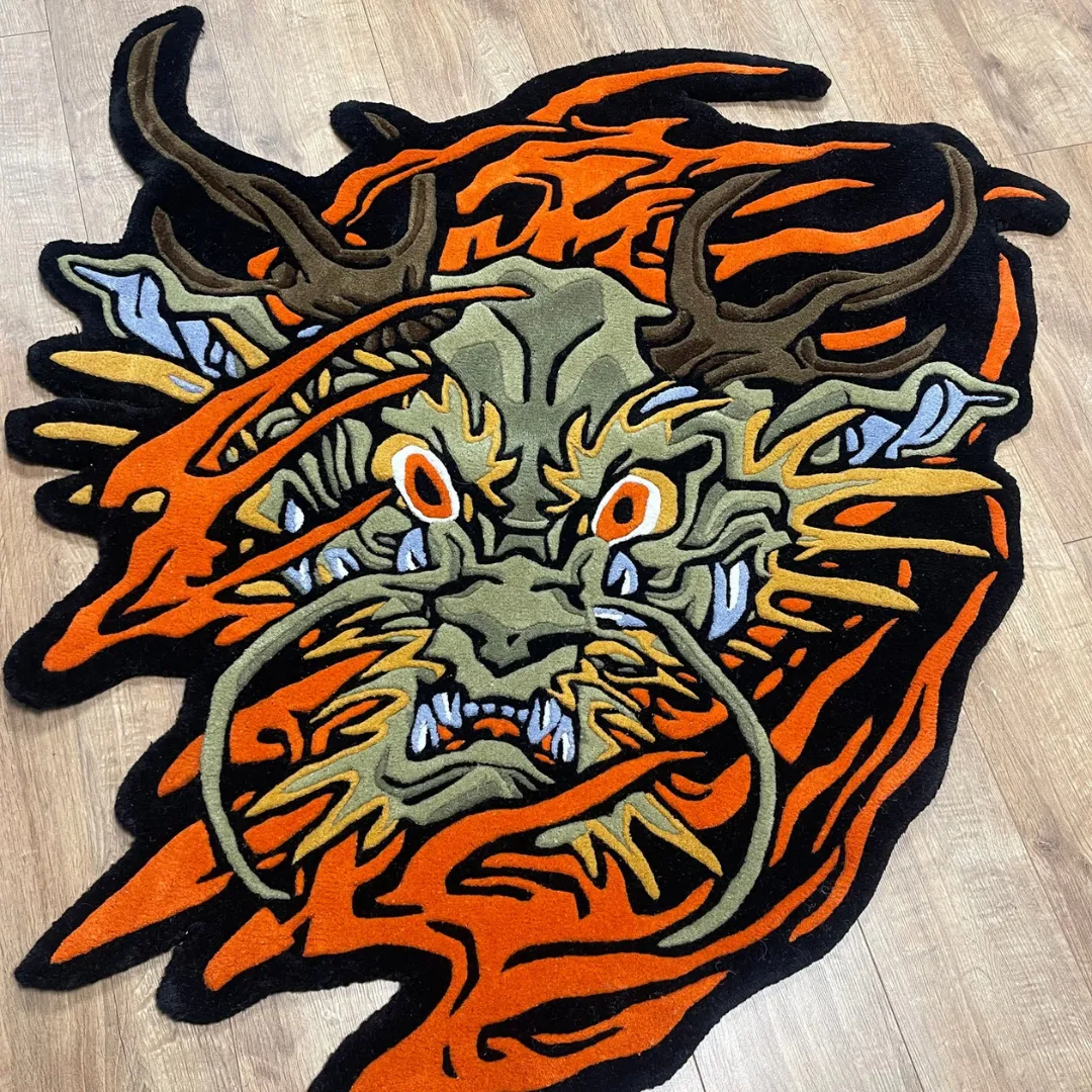Tattoo-inspired dragon rug with flame pattern and bold linework – Hellfire Spirit Inked Rug