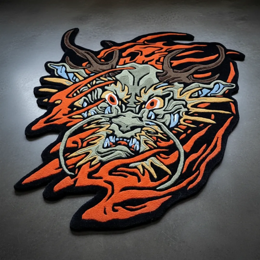 Hellfire Spirit Rug featuring fierce dragon tattoo design in fiery orange and black – hand-tufted wool rug by Sneagear