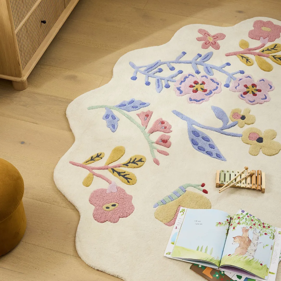 Pastel flower meadow rug with butterflies and bees – Honey Lull handmade wool area rug