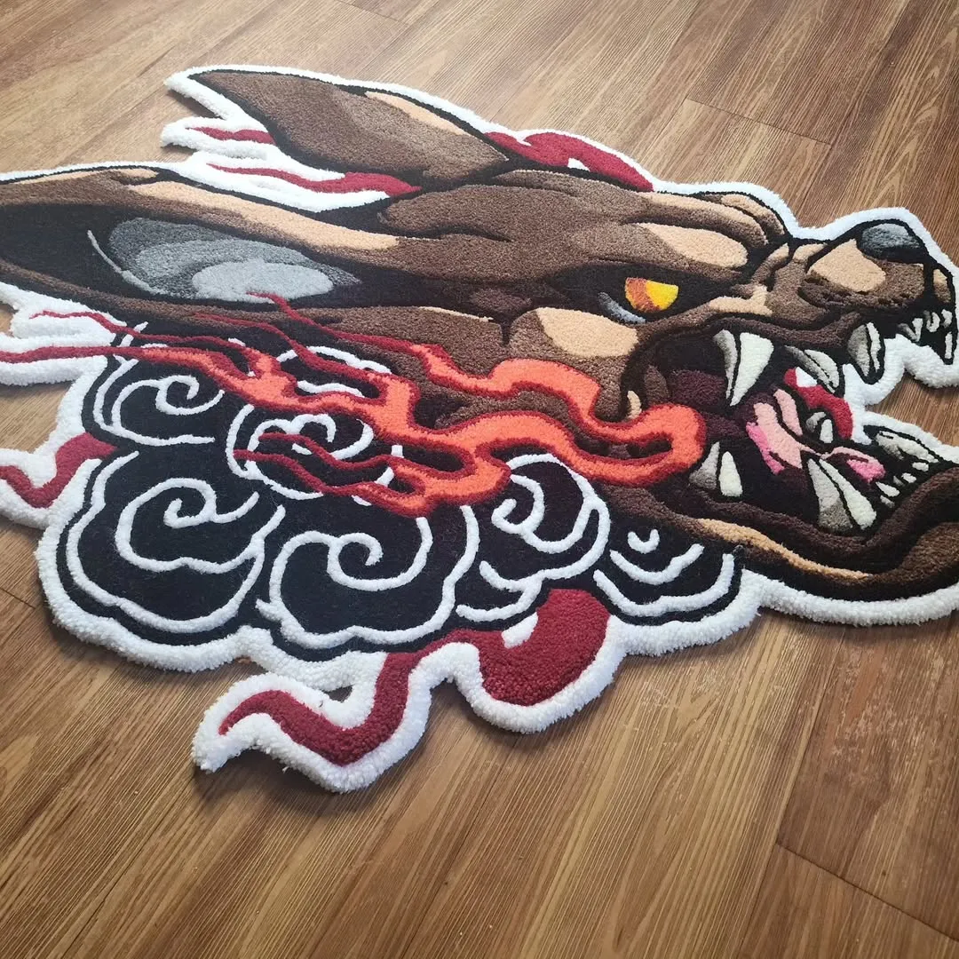Tattoo-inspired rug with flaming wolf head illustration – Inferno Fang Rug
