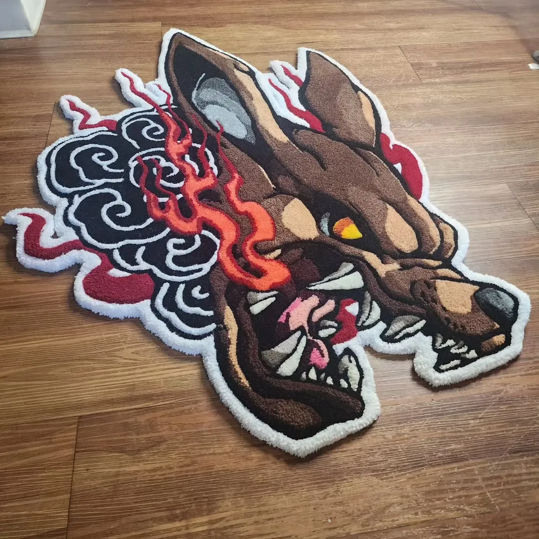 Inferno Fang Rug featuring fiery wolf tattoo design – hand-tufted wool rug by Sneagear