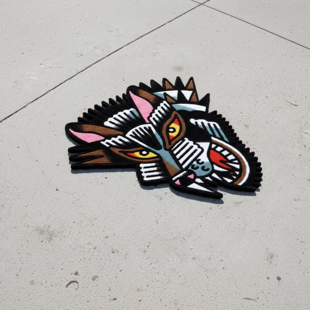 Hand-tufted wool rug showcasing tattoo-style wolf face – Lunar Wolf Rug by Sneagear