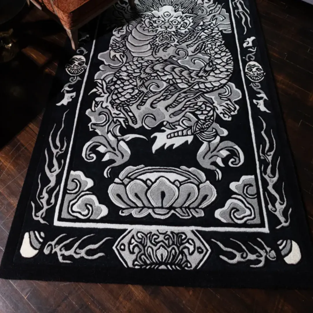 Black and gray dragon tattoo art rug – Lunar Viper wool area rug by Sneagear