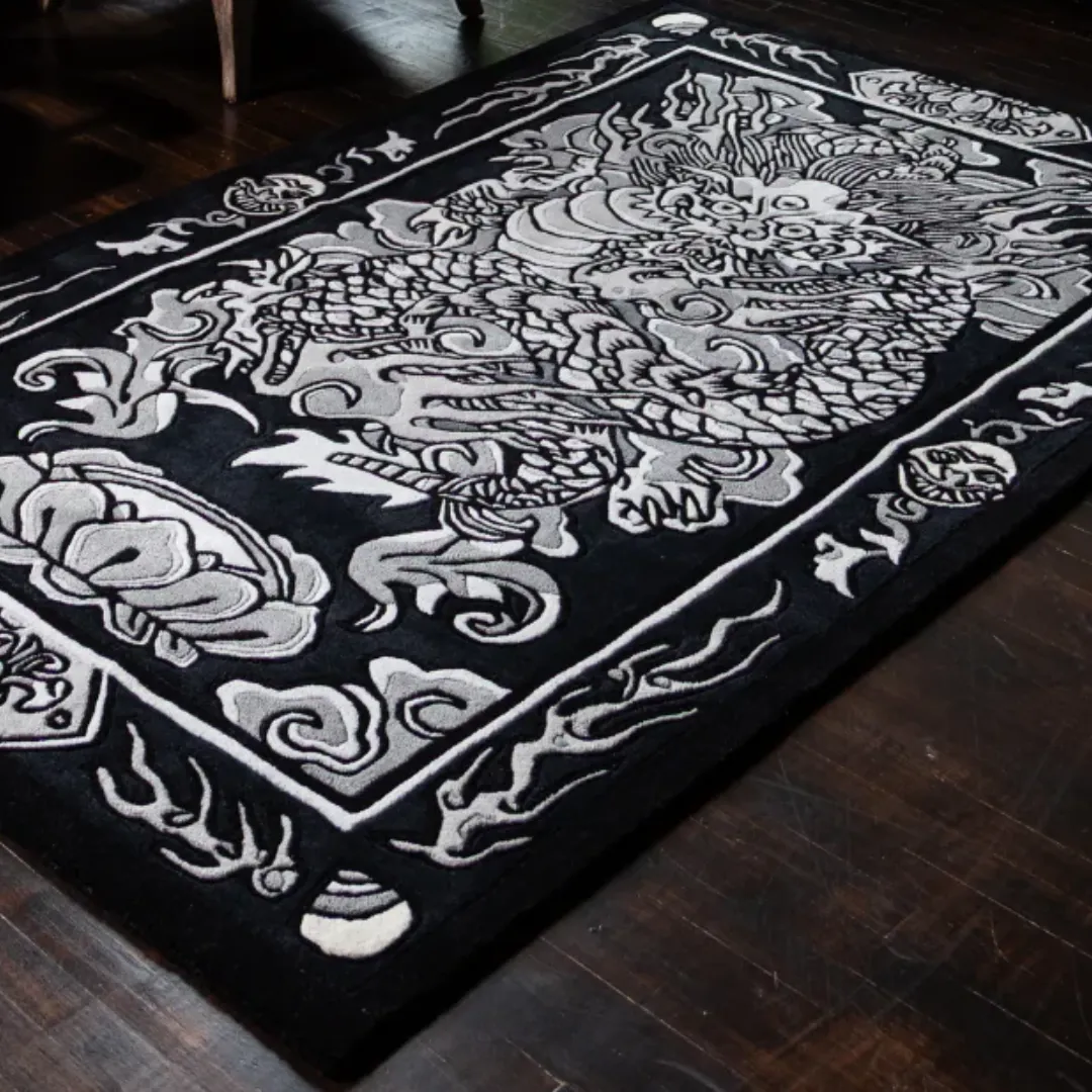 Lunar Viper Rug featuring monochrome dragon design – hand-tufted wool tattoo rug by Sneagear