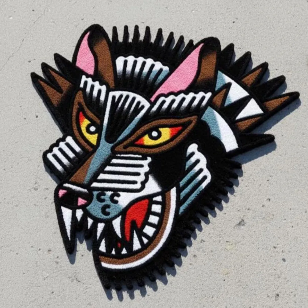 Lunar Wolf Rug featuring fierce wolf head tattoo design – handmade art rug by Sneagear