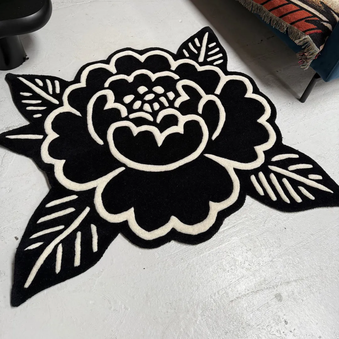 Modern floral rug with monochrome flower pattern – Midnight Bloom Rug