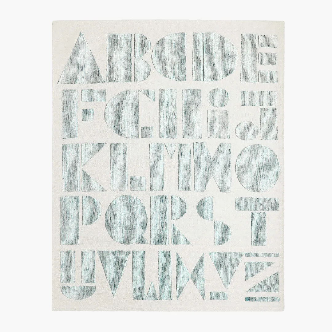 Minted Letters Area Rug featuring playful alphabet pattern in mint green on an ivory base – hand-tufted wool rug by Sneagear