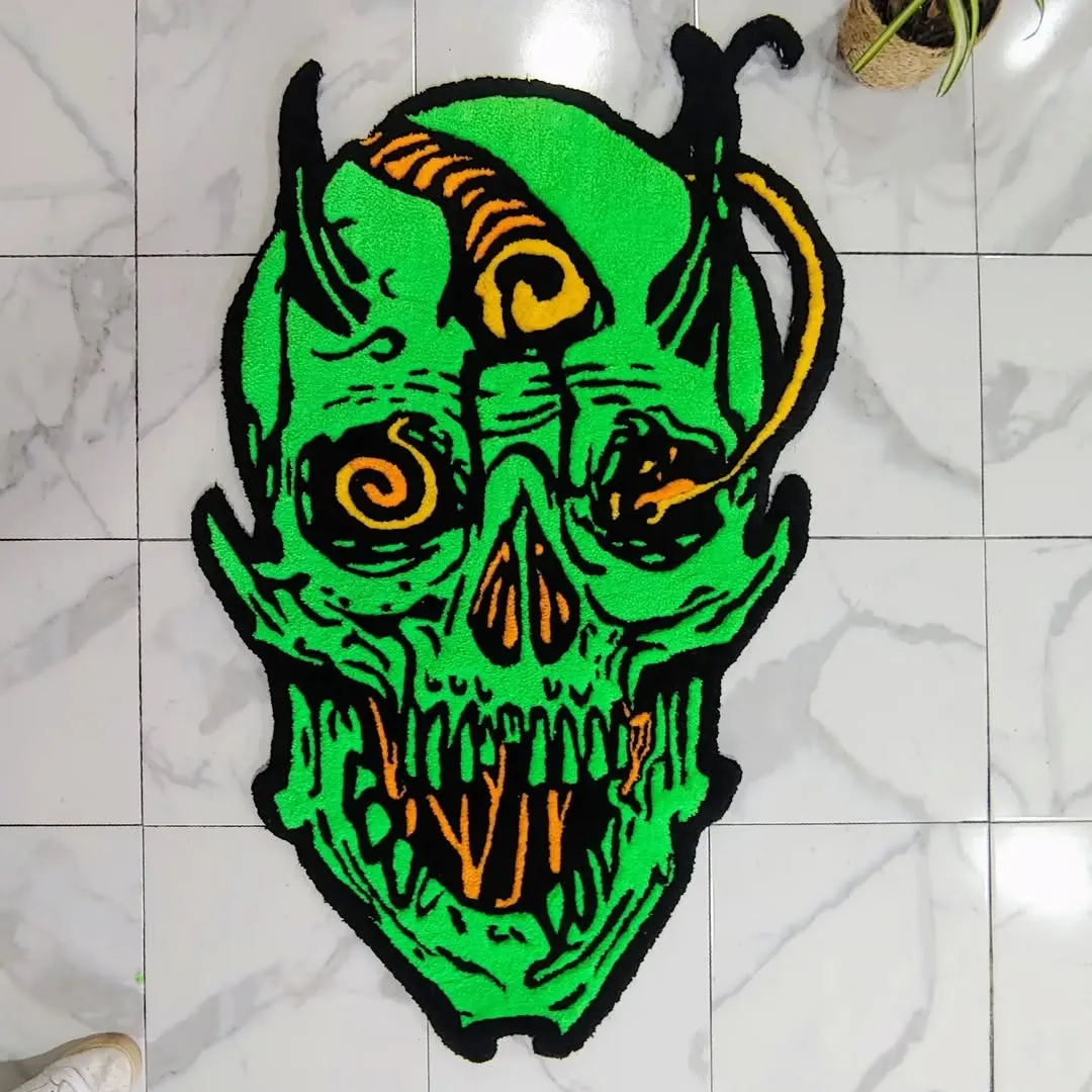 Neon Rot Rug featuring a bright green demonic skull with orange spiral eyes – hand-tufted horror art rug by Sneagear