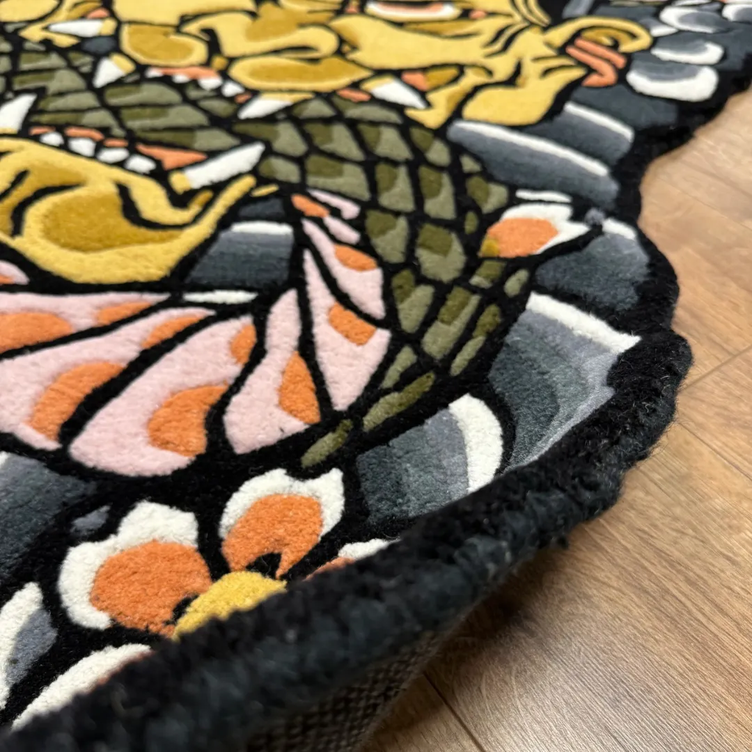 Oni Bloom Area Rug Handmade wool rug with fierce Oni mask and snake design surrounded by blossoms – Oni Bloom Rug