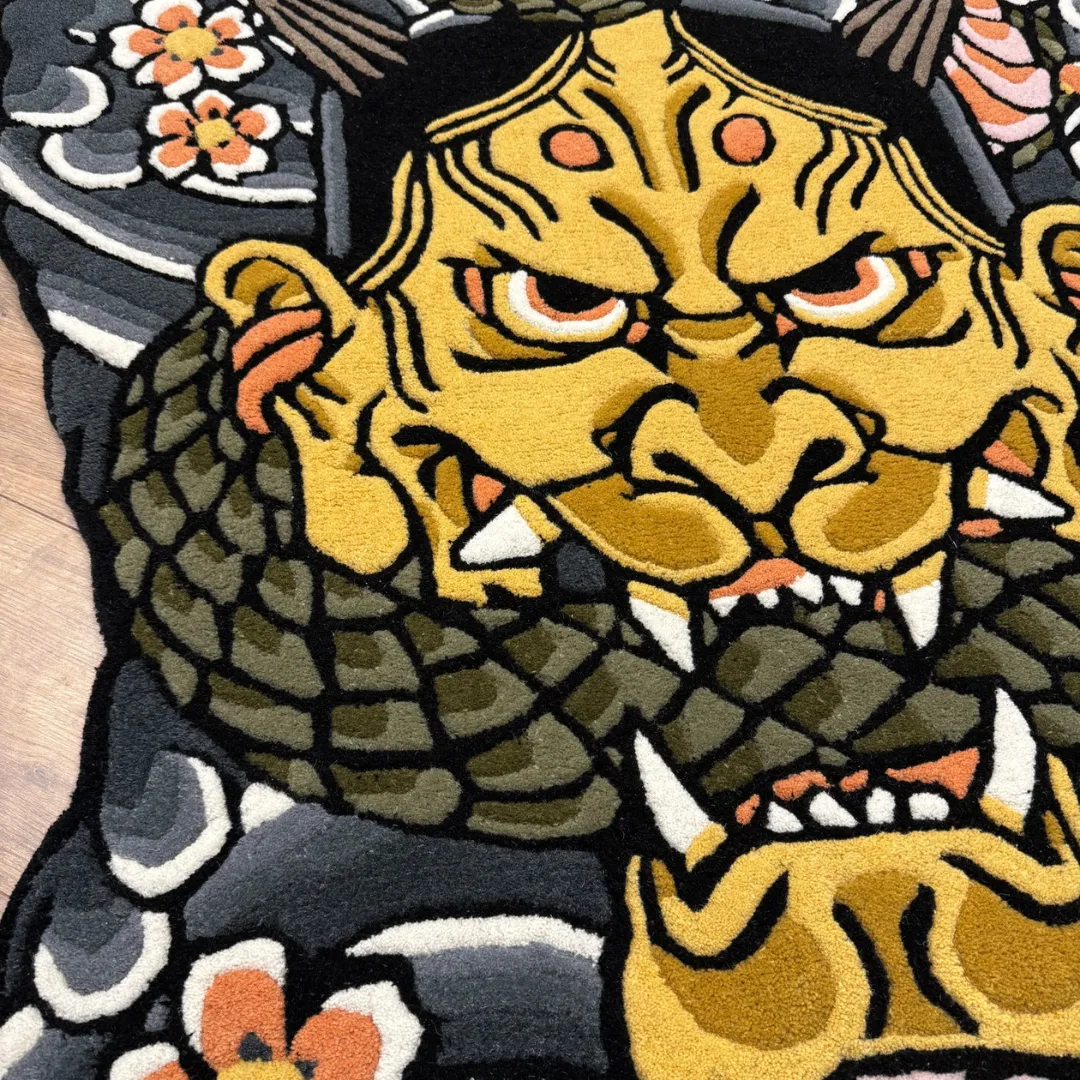 Oni Bloom Inked Rug Tattoo art rug with Japanese Oni demon face and floral pattern – Oni Bloom Rug