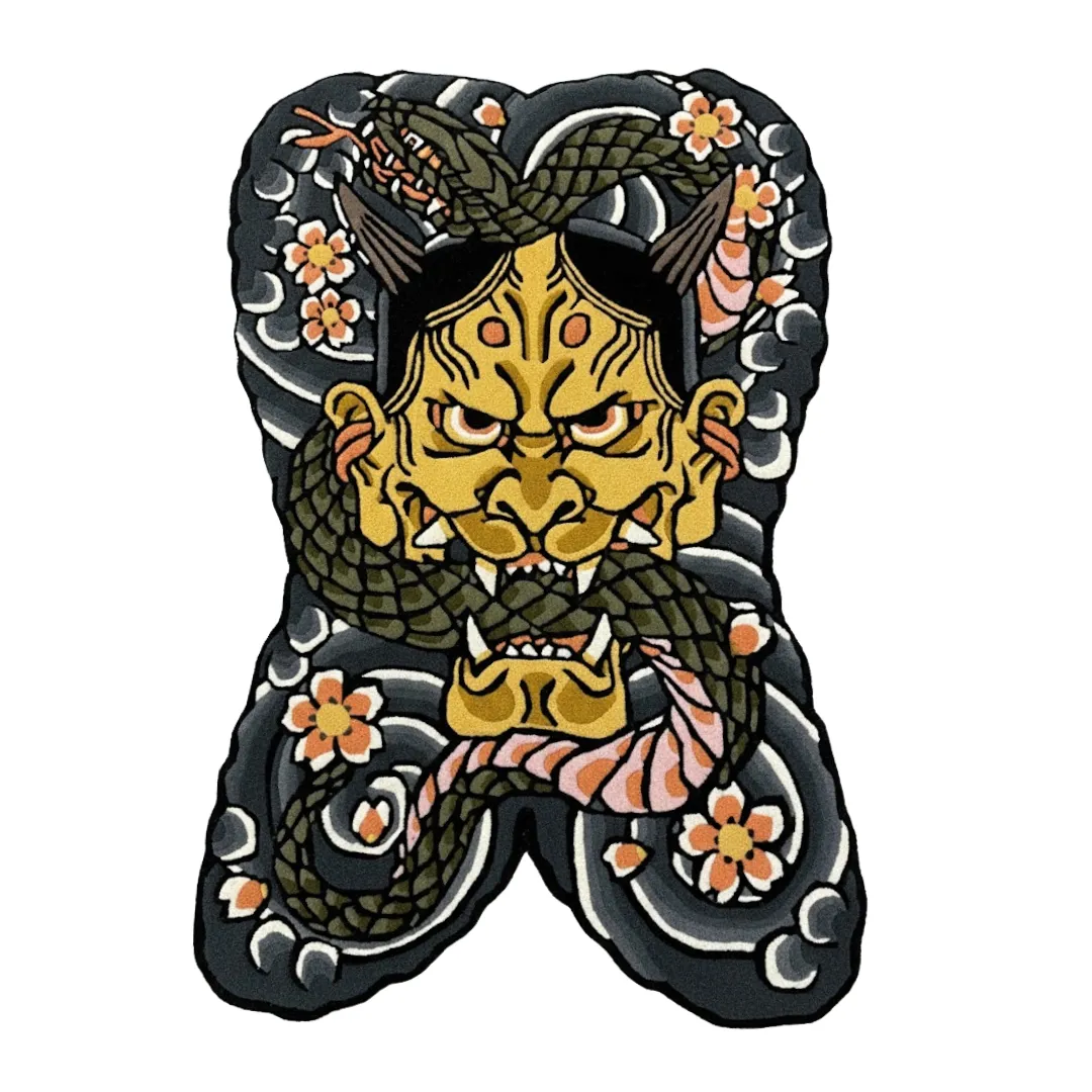 Oni Tattoo Rug Oni Bloom Rug featuring Japanese-inspired Oni mask and snake tattoo design – hand-tufted wool rug by Sneagear