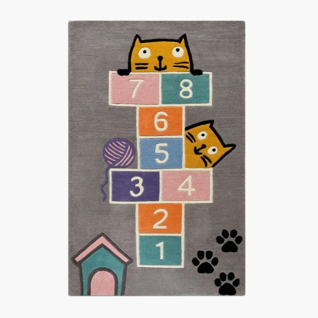 Paw Hop Playground Rug featuring colorful hopscotch blocks and playful cats – hand-tufted wool rug by Sneagear